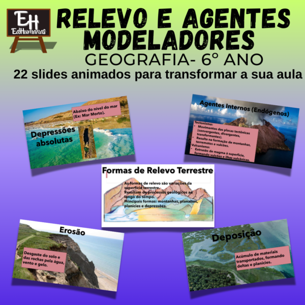 Slides animados sobre relevo e agentes modeladores do relevo